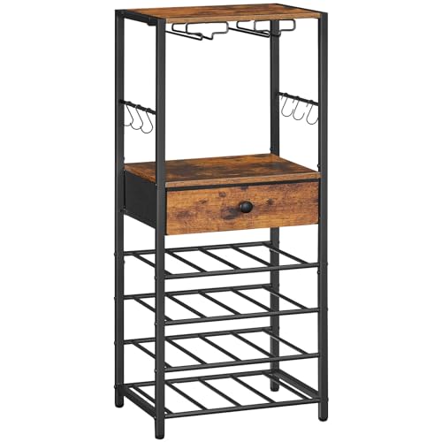 HOOBRO Weinregal, 6-Lagiges Freistehendes Weinregal mit Schublade, 16 Flaschen Weinregal mit Glashalter, Weinflaschenregal und Haken, Countertop Weinregal, Vintagebraun und Schwarz EBF10JJ01