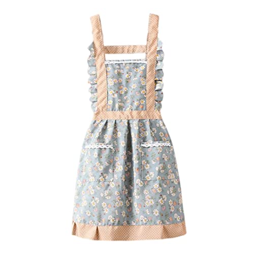 CAKEEYUM Frauen Blumenprinzessin Schürzen Leinwand Küche Schürzen Kochen für Restaurant BBQ Gartening Blau Kochschürze Küche Schürzen Backen Schürzen Floral Prinzessin Schürzen