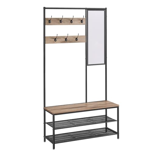 VASAGLE Kleiderständer, Garderobe, Garderobenständer mit Haken, Spiegel, Sitzbank, 35 x 98 x 180 cm, für Eingangsbereich, Schlafzimmer, Wohnzimmer, Industrie-Stil, Kamelbraun-tintenschwarz HSR415K01