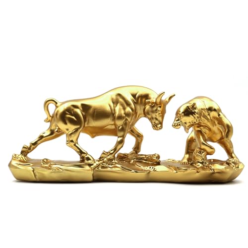 Irayin Wall Street Bull & Bear Schlacht Harz Statue, Bulle & Bear Deko, Abstrakte Figur-Bull Bear Fight Finanzmakler Geschenk, Dekoration für Wohnzimmer, Schlafzimmer, Weinschrank, Büro(Gold)
