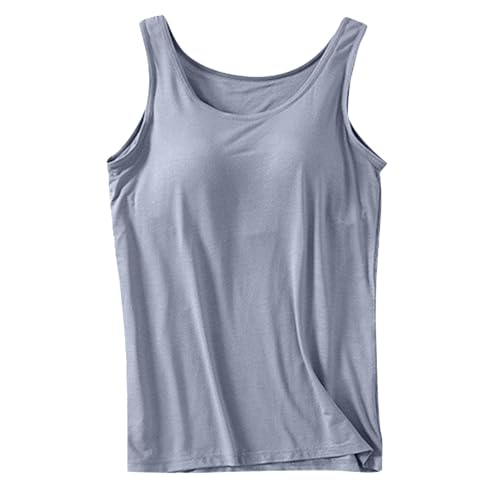 2025 - Damen-Tanktops mit integrierten BHs, 2024, Sommer, lässig, Rundhalsausschnitt, ärmelloses Leibchen, Übergröße, Baumwolle, gepolsterte Workout-Tops Seidentop Damen Seide (Dark Gray, XXXXL)