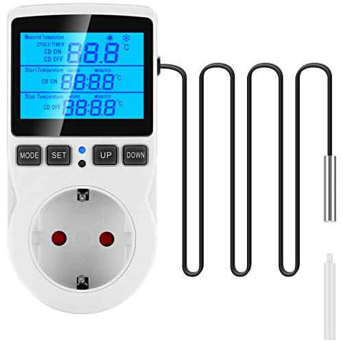 Seamuing Thermostat Steckdose 16A 230V Digitaler Temperaturregler mit Fühler Heizung Kühlung Thermostat Socket Temperaturschalter für Reptilien Aquarien Gewächshaus Kühlschrank Fermentation