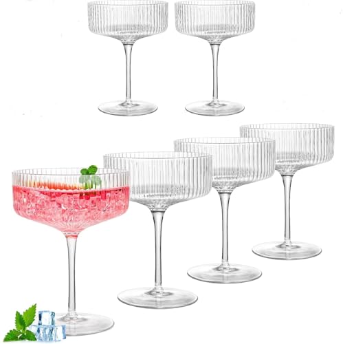 LDXDRU 6er Set Vintage Coupe Gläser, 200 ml Gerippte Champagner Schalen, Sektschalen, Cocktailgläser für Champagner, Espresso Martini, Margarita, Desserts