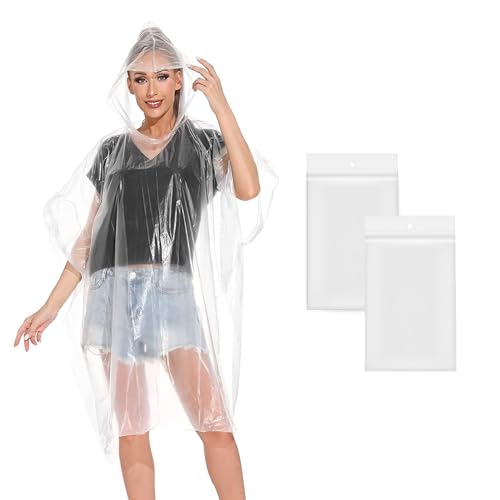 Okydoky Durchsichtig Regenponcho Damen, Kordelzug Kapuze und dickerem Material, wasserdichter Einweg-Regenmantel, geeignet für Festivals, Konzerte, Wandern, Radfahren, Camping, Outdoor (Clear, 2P).DE