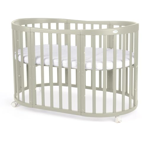 Waldin Oval Baby-Bett Mitwachsend Komplett Set 7in1, Gitterbett, Kinderbett mit Matratze, Wickelkommode, Beistellbett, Holz Olive