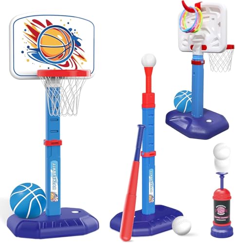 Mostop 4 in 1 Kinder Basketballkorb und T Ball Set - Verstellbare Höhe, Kinder Baseball Tee mit automatischer Wurfmaschine, Indoor Outdoor Sport Spielzeug Geschenke für Kleinkinder Jungen Mädchen