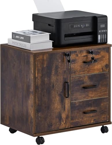 CLIPOP Mobiler Aktenschrank,Abschließbarer Holzschrank mit 3 Schubladen,1 Geschlossener Stauraum und Rollen,Druckerständerschrank für A4 und Letter-Dokumente,Vintage Braun