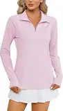 IECCP Hemd Damen Sommer Shirts 1/4 Reißverschluss mit Tasche Lange Sportshirt Golfhemd Wandershirt Rashguard Sonnenschutz Shirt Rosa L