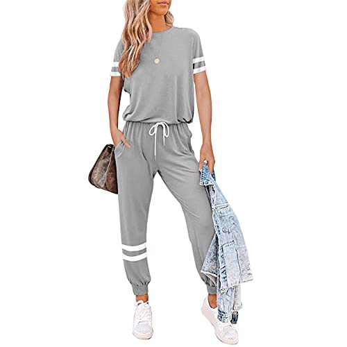 Litthing Damen Trainingsanzug Jogginganzug 2 Stücke Set Kurzarm Top/Hose Freizeitkleidung Sportswear für Running Yoga Gym (Grau, S)