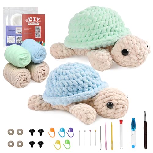 DEMIUKO Häkeln für Anfänger Häkelset 2 Stück Schildkröte Strickset für Erwachsene Stricken Tiere Häkelset für Kinder Geschenk Crochet Set mit Video Anleitung Häkelnadel Garnbälle DIY Häkel Zubehör