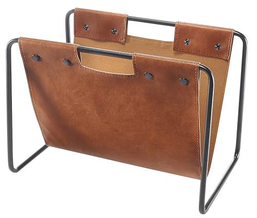 Kobolo Zeitungsständer, 37x24x27 cm, braun, Kunstleder & Metall, moderner Zeitschriftenhalter im Industrial Look, Organizer für Zeitungen, Magazine & Bücher, dekorativ und funktional