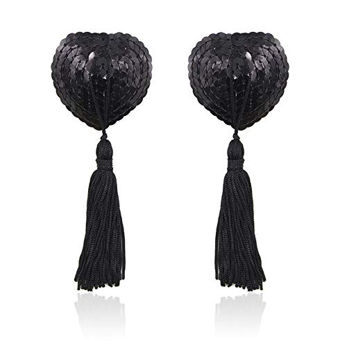 VicSec Brustwarzenabdeckung Silikon Wiederverwendbar Pailletten Damen Klebe Nipple Cover Sexy und Frech Selbstklebend Glänzende BH-Aufkleber Herzförmige Nippelpads mit Quasten für Party Festivals