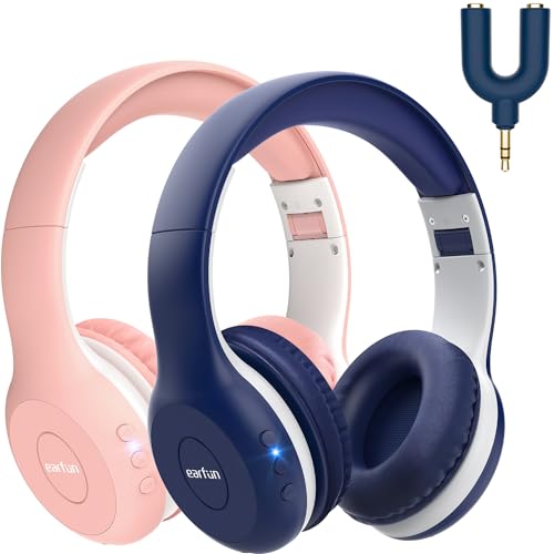 EarFun Bluetooth Kopfhörer Kinder [2er-Pack], 85/94dB Lautstärkeregelung, HiFi Sound, HD-Mikrofon, 40 Std Akku, Faltbare, Einstellbar, Kopfhörer Kabellos für Schule/Reise/PC, mit Sharing Splitter