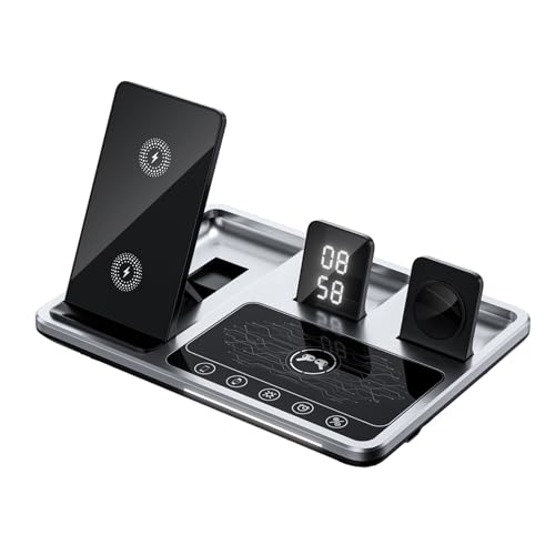 4 In 1 Alarm Clock Wireless Charger Stand, 4 In 1 Charging Station with Alarm Clock & Night Light, One-Key Lifting Wireless Charging Stand for iPhone/Samsung/Android (Silvery) Apple Watch