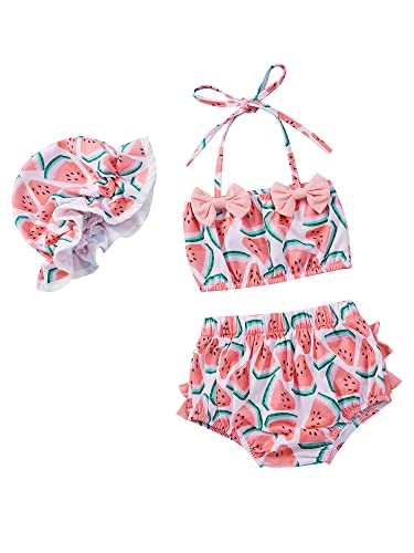 Loalirando Badeanzug für Mädchen, Bikini, 3-teilig, Aufdruck mit Hologramm-Druck, Badeanzug für Neugeborene, Meeres, Top Bikini + Boden, Hut, Rosa, 12- 18 Monate