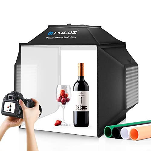 PULUZ Upgrade Fotozelt mit Beleuchtung 480 LED-Leuchten, Fotobox 40cm, Professionelles Fotobox mit 3 Leuchttafeln 5500K & 4 farbigen PVC-Hintergründen für Schmuck und Produktfotografie