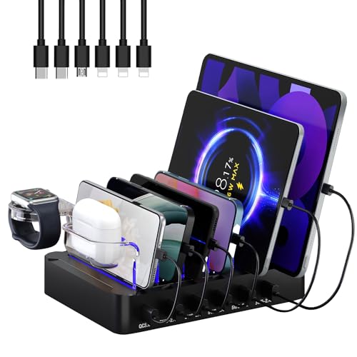 Acocodi USB Ladestation Multi Dock 6 Ports 68W Smart Schnellladedockstation für mehrere Geräte, kompatibel für Phones lPad lwatch Stand Tablet Mehrere Geräte (6 Kabel inklusive)