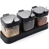 WUWEOT Gewürzbehälter 3er Set aus Glas 220 ml Gewürzgläser Gewürzdosen Gewürzständer Glasgewürzbox Zucker- und Salzdosen-Set mit Deckel Löffel und Halter für Küche und Esstisch Schwarz