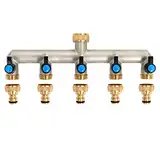 5-Wege Wasserhahn Wasserverteiler aus Messing für 5 Geräte/Gartenschläuche, 5er Verteiler 3/4" Adapter 1/2" mit Kugelhahn zum Einstellen und Absperren des Wasserflusses