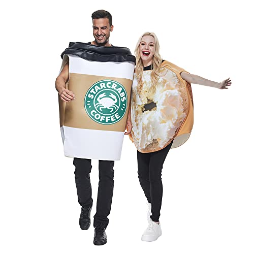 EraSpooky Bagel und Kaffee Kostüm Set für Erwachsene für Party Cosplay Halloween, Fasching, Themenparty Kleidung, Rollenspiel, Paarkostüm