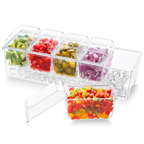 Lifewit abnehmbare Ice Zutatenbehälter mit Deckel, 40,7 x 10,2 x 17,5 cm Frischebehälter, Ice Eiswürfel hinzufügbar, 5 Fächer Behälter zum Garnieren, Serving Bar für Obst/Snacks/Cocktail Zutaten