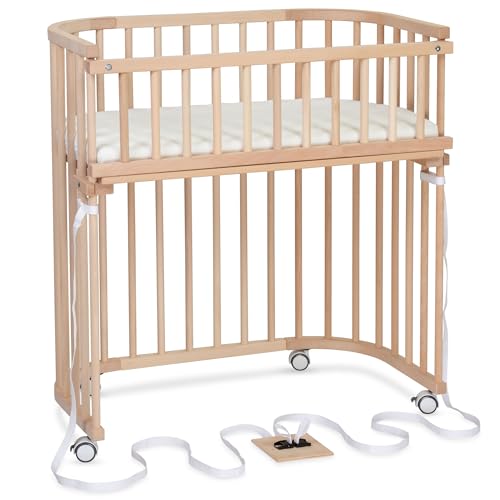 babybay Boxspring Beistellbett aus massivem Buchenholz/kompakt & verwandelbar/Kinderbett Höhe stufenlos verstellbar/mitwachsendes Babybett (Natur unbehandelt) / inkl. Matratze, Gitter, Rollen