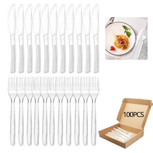100 Stück Plastikbesteck Set, Wiederverwendbar Plastikbesteck, Plastikgabeln, Kunststoffmessern, Plastikbesteck Set für Familienfeiern Outdoor Dinner, Party, Hochzeit, Picknick, Bankett