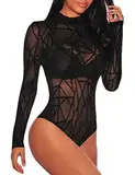 MAYFASEY Damen Sexy Lange Ärmel Mesh Bodysuit Tops Leotard Tops Jumpsuits, Schwarz, M