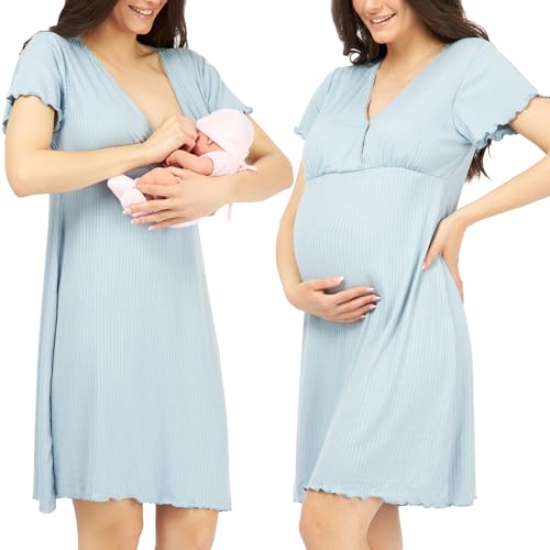 Stillnachthemd, Geburtskleid, geburtshemd, 3 in 1 Stillen, Krankenhaus und Schwangerschaft, Weich und Atmungsaktiv (L, Blau)