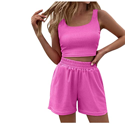 HXRYPG Blitzangebote Zweiteiler Damen Sommer Outfits Workout Hosenanzug Crop Tank Top und Shorts Loungewear Set Teenager Mädchen 2 Teiler Baumwolle Kleidung Y2K Sport Anzug Freizeitanzug Rosa L