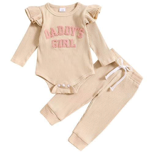 JiAmy Baby Mädchen Kleidung Rüschen Langarm Spitze Strampler Daddys Girl Bodysuit und Lange Hosen 2tlg Outfits für 6-9 Monate, Beige