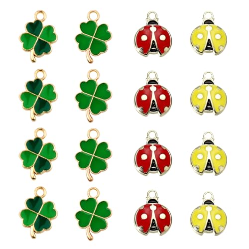 Kleeblatt Marienkäfer Anhänger, 40 Stück Metall Glücksbringer Vierblättriges Schlüsselbund Rot Ladybug Emaille Charme Grün Vierblättrige Charms Glückskäfer Zubehör Verzierungen DIY Basteln Schmuck