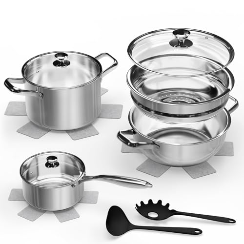 Topfset Induktion 12-teilig, Edelstahl Kochtopf Set mit 3-lagigem Sandwichboden, inkl. Dampfgarer, 3x Pfannenschutz & Kochbesteck, Backofenfest bis 250°C & Spülmaschinenfest, für alle Herdarten