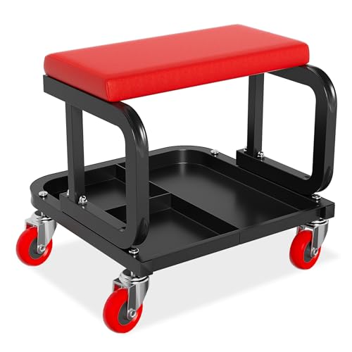 FIVMEN Werkstatthocker mit Rollen Werkstatt Hocker Rollhocker mit Ablagefläche Werkstattstuhl Arbeitshocker Rollsitz Garagenhocker Tragfähigkeit 150 kg, 36x36x35 cm