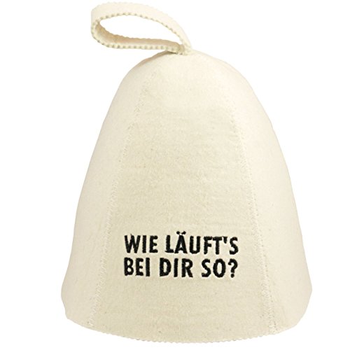 DIYer - Saunahut - inkl. Sauna-Ratgeber - Motiv Aufschrift - Wie läuft's bei dir so? - 100% Baumwolle - Filz Saunamütze