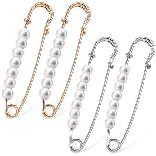 4 Stück Sicherheitsnadel Perlen Perlen-Broschennadeln Faux Perlen Dekorative Nadeln Taillenspanner Perlenbroschen Set Sicherheitsnadeln Brosche für Damenkleidung Anzughosen Röcke