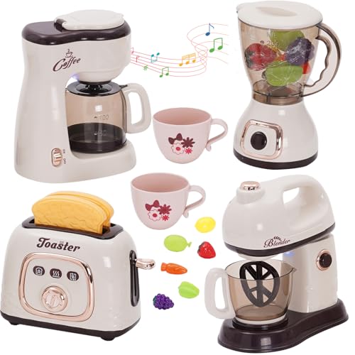 Kinder Küchengeräte Set mit Kaffeemaschine Mixer Toaster Rührgerät, Kinderküche Spielküche Zubehör, Kinder Kaffeemaschine Spielzeug mit Geräusch und Licht, Rollenspiel Geschenk für Kinder ab 3 Jahren