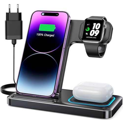 DUMTERR 3 in 1 Faltbare Ladestation für Apple Watch und iPhone iPod, Reise Ladestation für iPhone 16 15 14 13 12 11 Pro Max, Apple Wireless Charger für iWatch 10/9/Ultra/8/7/6/SE/5/4/AirPods Pro 4 3 2