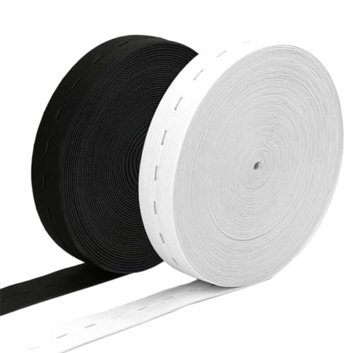 2 Rollen 7 Meter Gummiband mit Knopflöchern, Flaches Knopflochgummi Lochgummiband Weißes und Schwarzes Gummiband zum Nähen Umstandsmode/Haushalt/DIY/Handwerk Kleidung, Schwarz(7M x 2CM)