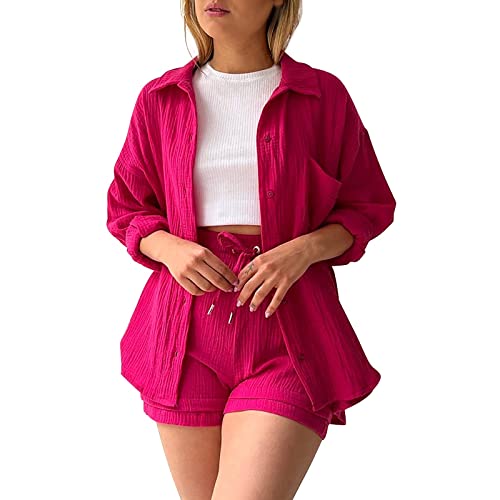 Meine+Bestellungen+Anzeigen,Angebote,Musselin Set Damen Sommer Zweiteiler Elegant Y2K Musselin Bluse Und Shorts Lounge Set Baumwolle Sportanzug Oversize Freizeitanzug Outfit Zweiteiler,Hot Pink,S