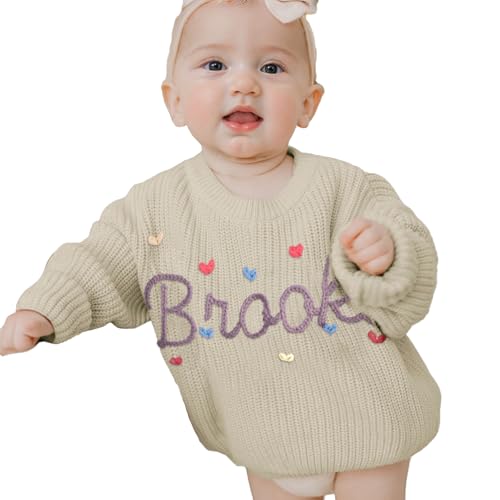 REQTYUI Personalisierter Baby Strickpullover mit gesticktem Namen, Kleinkinder Crewneck Langarm Pullover Sweatshirt (DE/NL/SE/PL, Alter, 0 Monate, 6 Monate, Hellkhaki (Light Khaki))