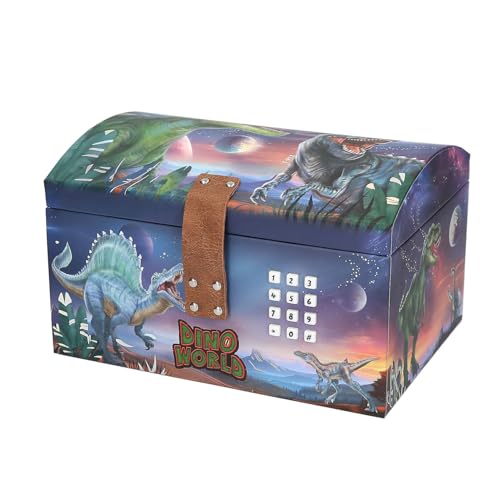Depesche 13441 Dino World - Schatztruhe im Dino Design mit Planeten, Aufbewahrungsbox mit Code, Sound und Licht