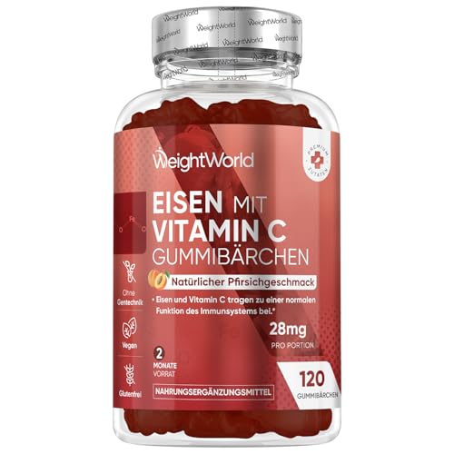 Eisen & Vitamin C Gummibärchen - 2 Monate Vorrat - 28mg Iron & 10mg Vit C - 120 Gummies - Eisen & Vitamin C tragen zu einem normalen Energiestoffwechsel bei (EFSA) - Alternative zu Eisentabletten