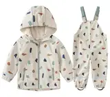 DAWILS Mädchen Regenjacke Regenhose Kinder Zweiteiliger Regenanzug Set Jungen Regenjacken Regenlatzhose Mäntel Baby Matschhose Regenbekleidung Wind- und Wasserdicht Bekleidungsset Geometrische 86