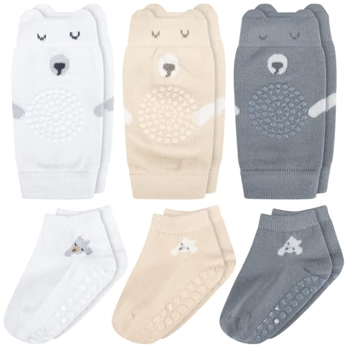 Utensilsto 3 Paar knieschoner baby krabbeln und 3 Paar Baby Socken, Anti Rutsch krabbelsocken baby Krabbelhilfe mit Gummipunkte für 0-24 Monate Jungen Mädchen Baby Krabbeln