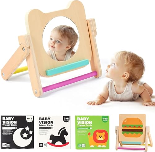 WOODEN TEETHER Baby Spiegel Spielzeug - Montessori Baby Spiegel mit 120 Seiten visuell anregender Karten, Hölzernes Bauchzeit-Spiegelspielzeug ，Montessori Spielzeug für Neugeborene 0 3 6 12 Monate