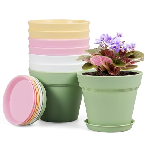 Homeuouz 8 Packs Blumentopf mit Untersetzer, 10cm Pflanzentopf, Plastik Übertopf mit Mehrere Ablauflöchern, Hydrokultur Topf, Blumentöpfe Set Ideal für Innen und Balkongärten,Farbe
