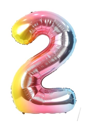 Geburtstag Folienballon Zahl 2 mit Einhorn, 101 cm Regenbogen Luftballons Zahl 2, Helium Ballon Zahl 2, Mädchen Geburtstag Luftballon Deko Hochzeit Jubiläum Fest Party Dekoration - Fliegt mit Helium