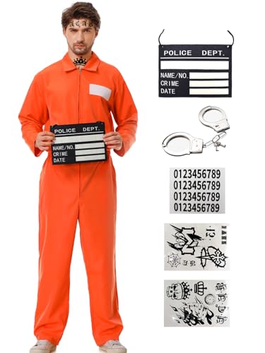 Ragelion Sträfling Kostüm Herren,Prisoner Overall Kostüm Orange Gefangener Kostüm für Erwachsene Damen Halloween
