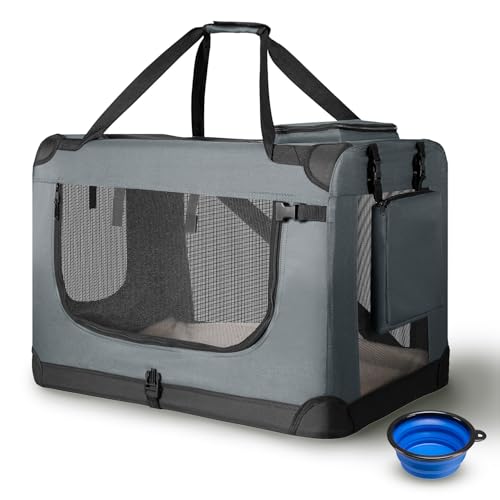 Juskys Hundetransportbox Lassie XL faltbar & tragbar 56x81x58 cm mit Decke, Tasche & Griffen - Faltbare Transportbox für Hunde, Katzen & Haustiere - Oxford Stoff Hundebox Auto Hundetasche - Grau